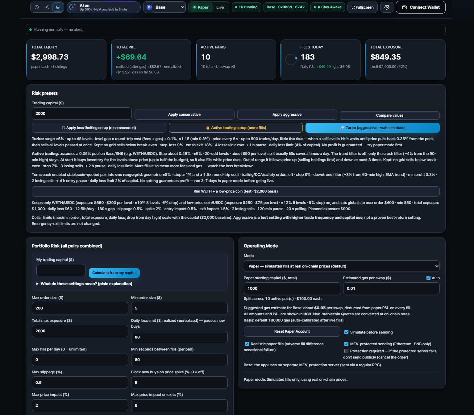 Actual GRIDORA AUTOTRADER risk settings in paper mode
