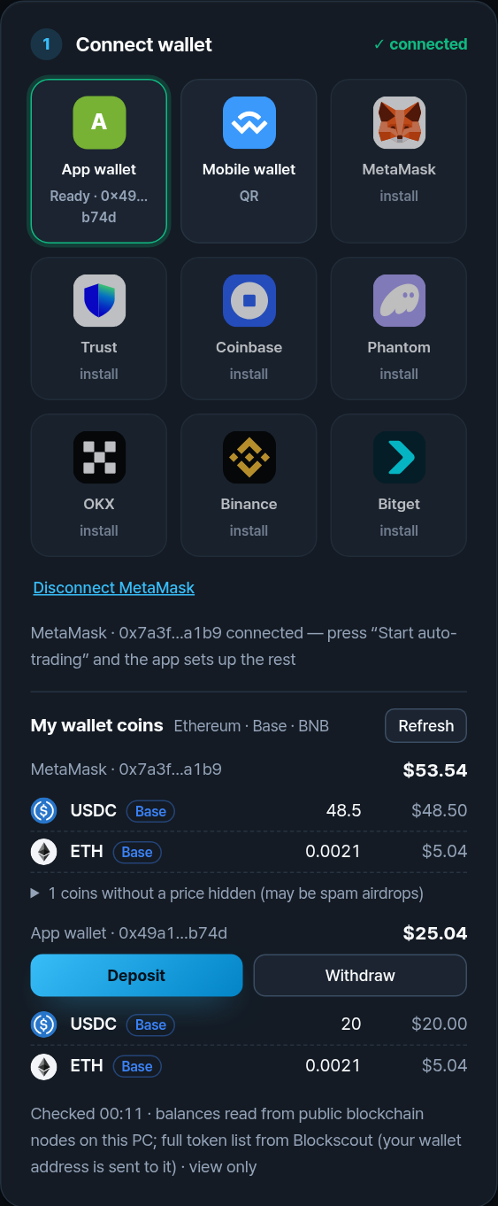 My wallet coins: MetaMask $53.54 with USDC and ETH on Base; App wallet $25.04 with Deposit and Withdraw buttons