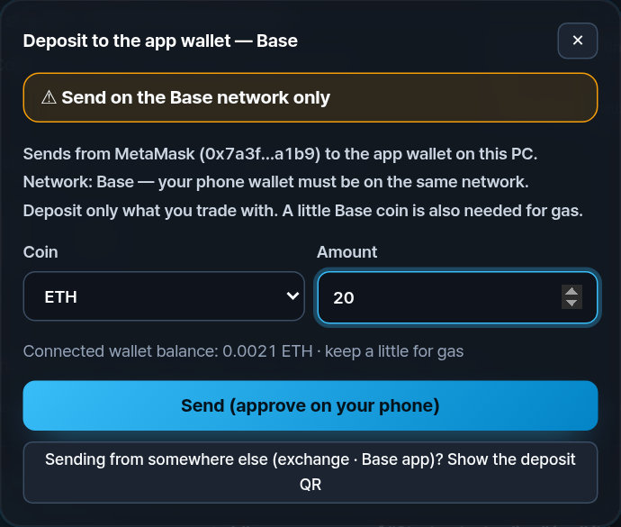 Deposit to the app wallet — Base. Coin ETH, amount 20, connected wallet balance shown