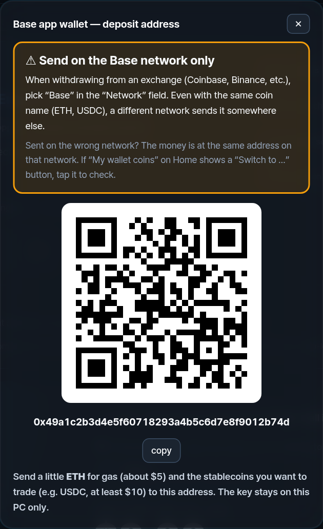 Deposit address QR with a large warning: Send on the Base network only