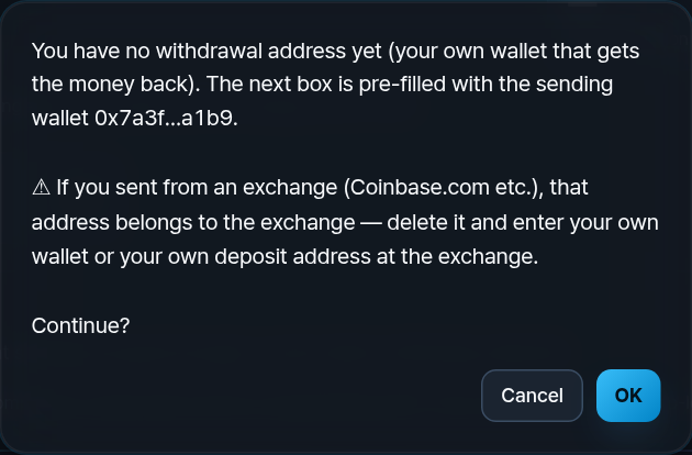 Dialog: no withdrawal address yet; pre-filled with the sending wallet; exchange warning