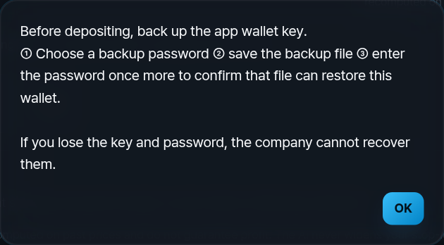 Backup dialog: choose a password, save the file, enter the password again