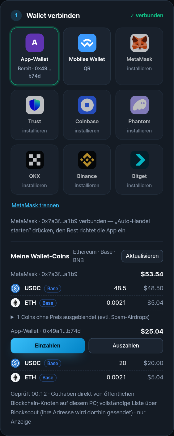 Meine Wallet-Coins: MetaMask 53,54 $ mit USDC und ETH auf Base; App-Wallet 25,04 $ mit Einzahlen und Auszahlen
