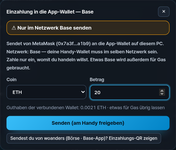 Einzahlung in die App-Wallet — Base. Coin ETH, Betrag 20, Guthaben der verbundenen Wallet