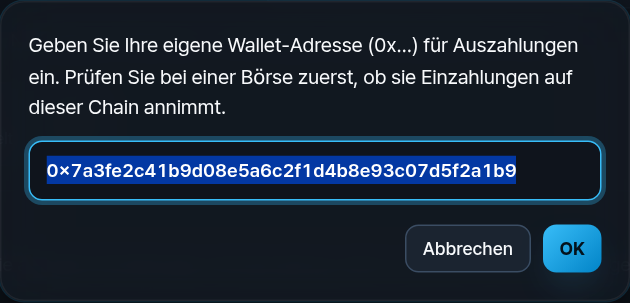 Letzte 6 Zeichen der neuen Auszahlungsadresse eingeben
