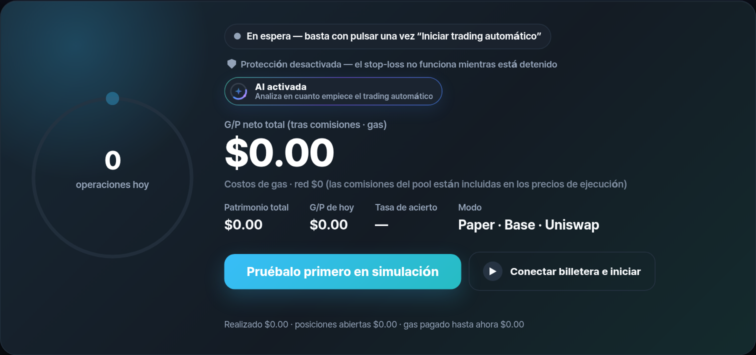 Pantalla de inicio con G/P neto total, G/P de hoy y el botón “Pruébalo primero en simulación”