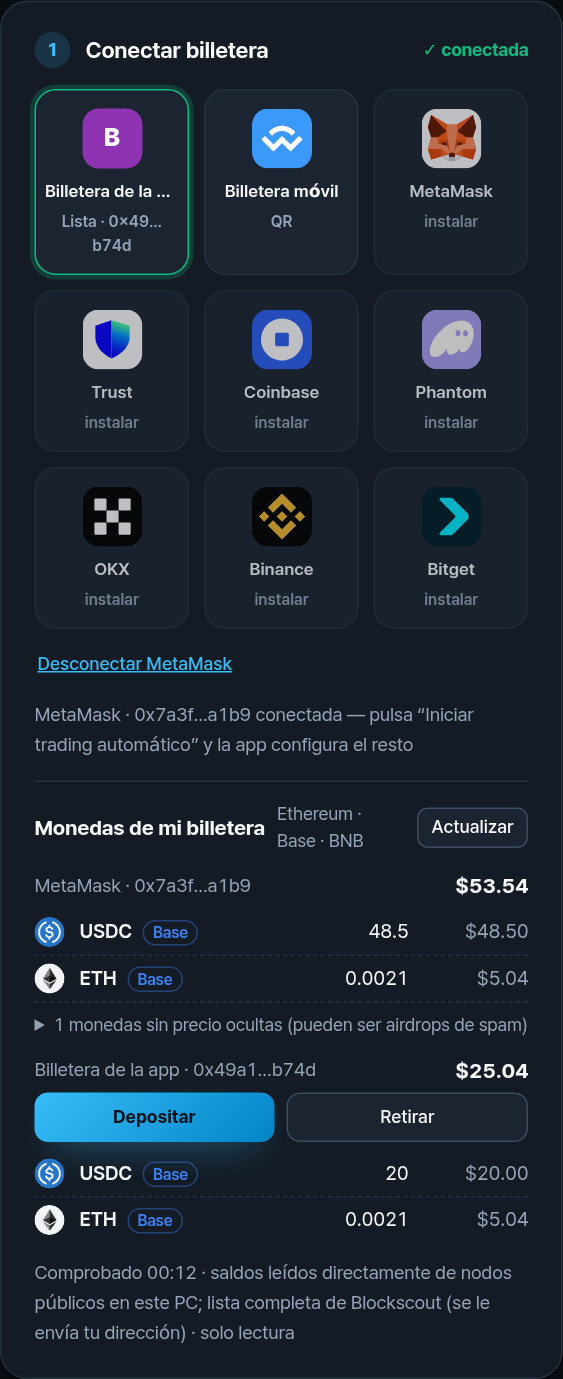 Monedas de mi billetera: MetaMask $53,54 con USDC y ETH en Base; billetera de la app $25,04 con botones Depositar y Retirar