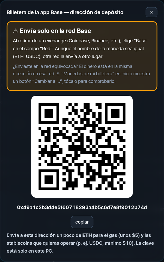 QR de la dirección de depósito con un aviso grande: envía solo en la red Base