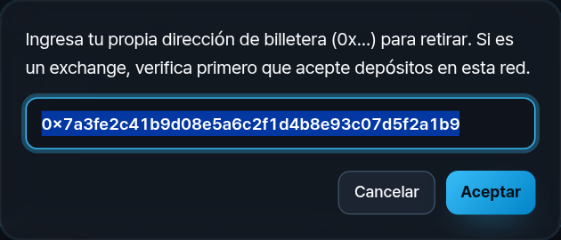Escribe los últimos 6 caracteres de la nueva dirección de retiro
