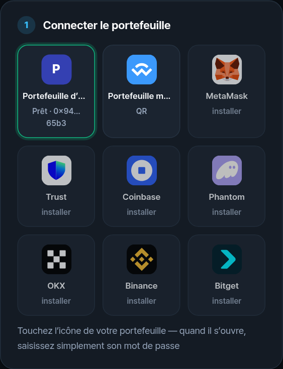 Icônes de portefeuilles : portefeuille d’app, mobile, MetaMask, Trust, Coinbase, Phantom, OKX, Binance, Bitget