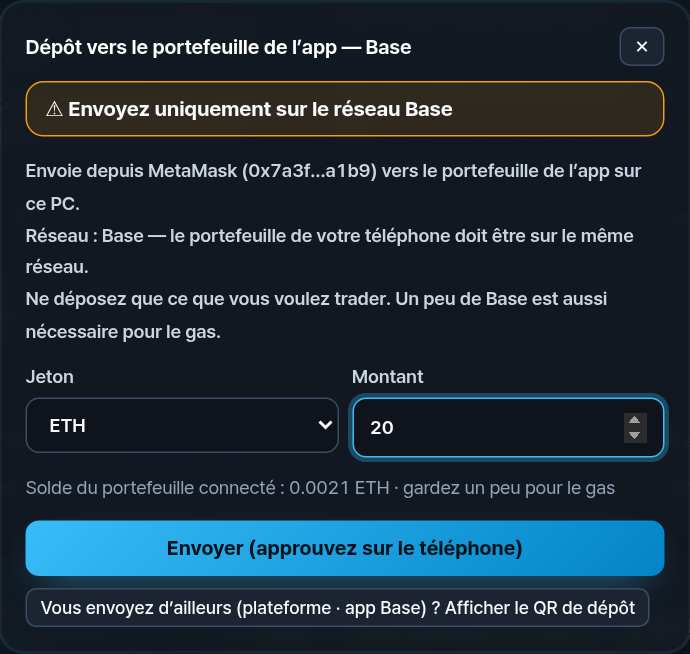 Dépôt vers le portefeuille de l’app — Base. Jeton ETH, montant 20, solde affiché