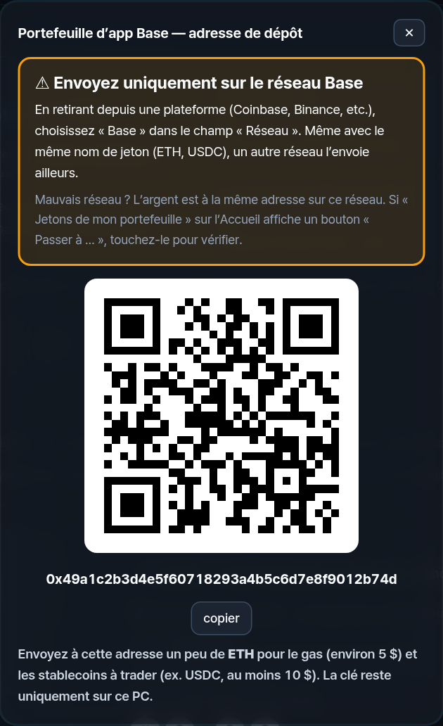 QR de l’adresse de dépôt avec grand avertissement : envoyez uniquement sur le réseau Base