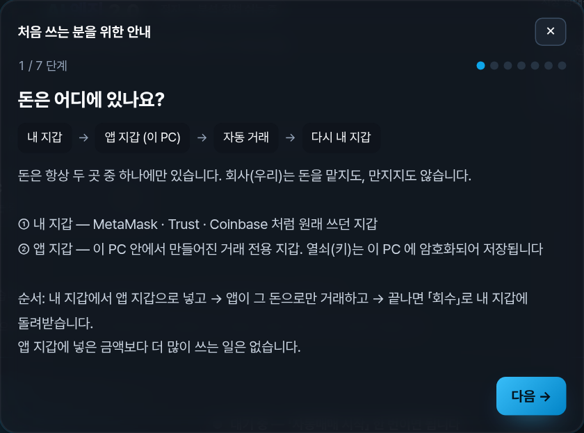 앱 안 안내 1/7 단계: 돈은 어디에 있나요?